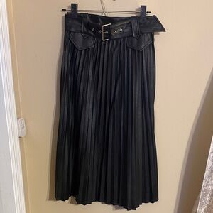 Black Leather Pleated Midi Skirt with Belt